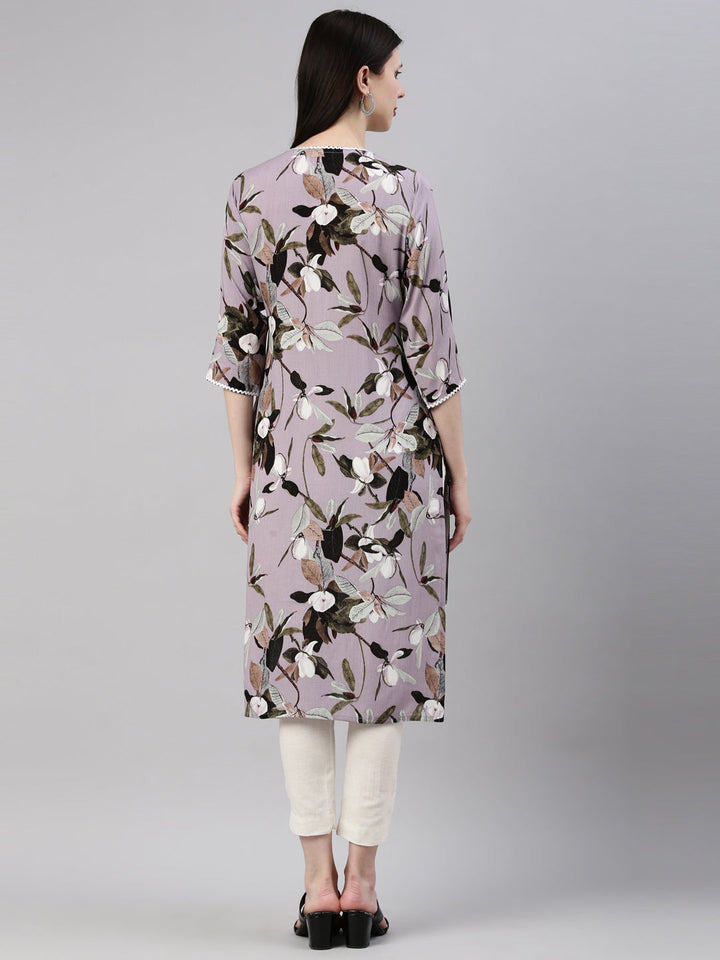 Neerus Purple rayon straight kurta - detail view 2