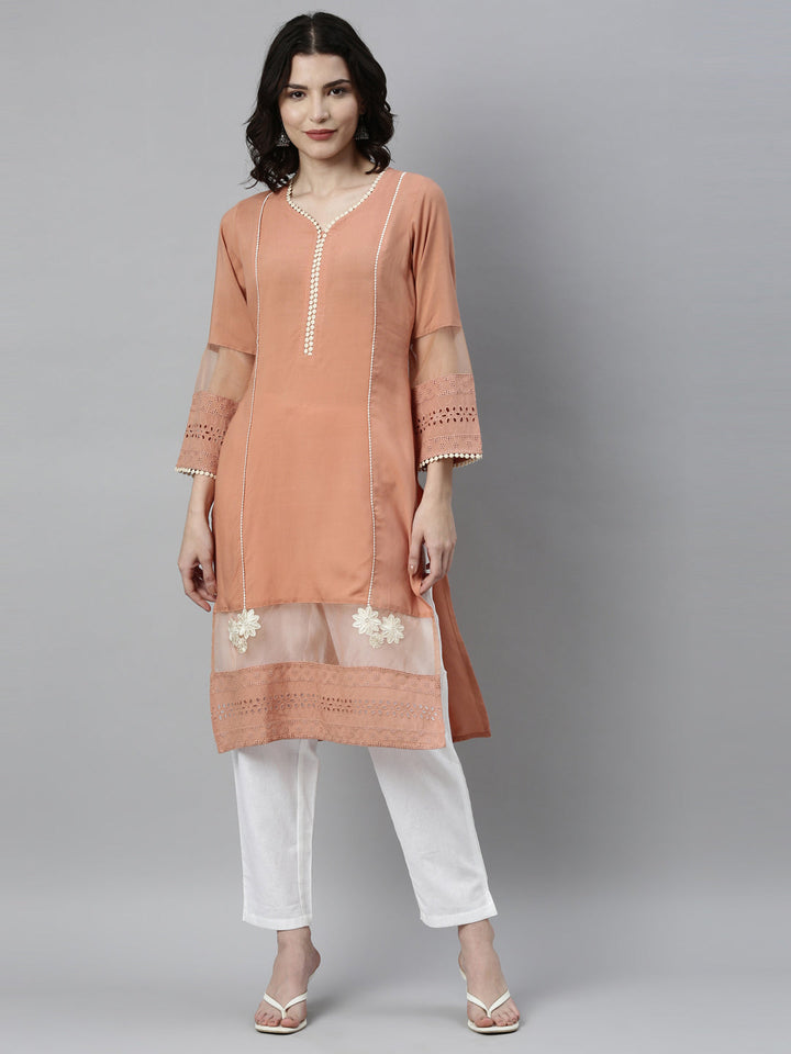 Neerus Orange rayon solid kurta - front view