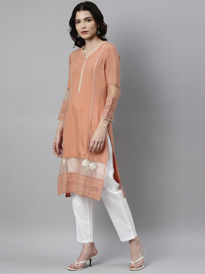 Neerus Orange rayon solid kurta - side view