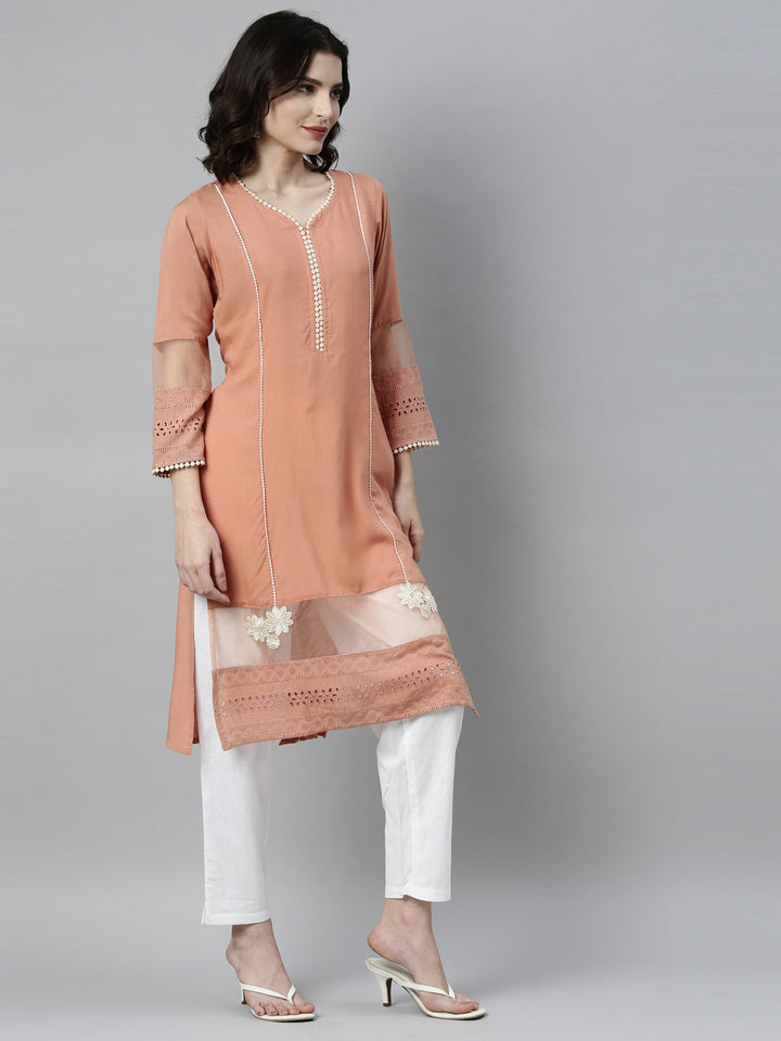 Neerus Orange rayon solid kurta - detail view 1