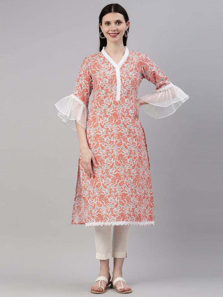 Neerus Orange rayon straight kurti - detail view 6