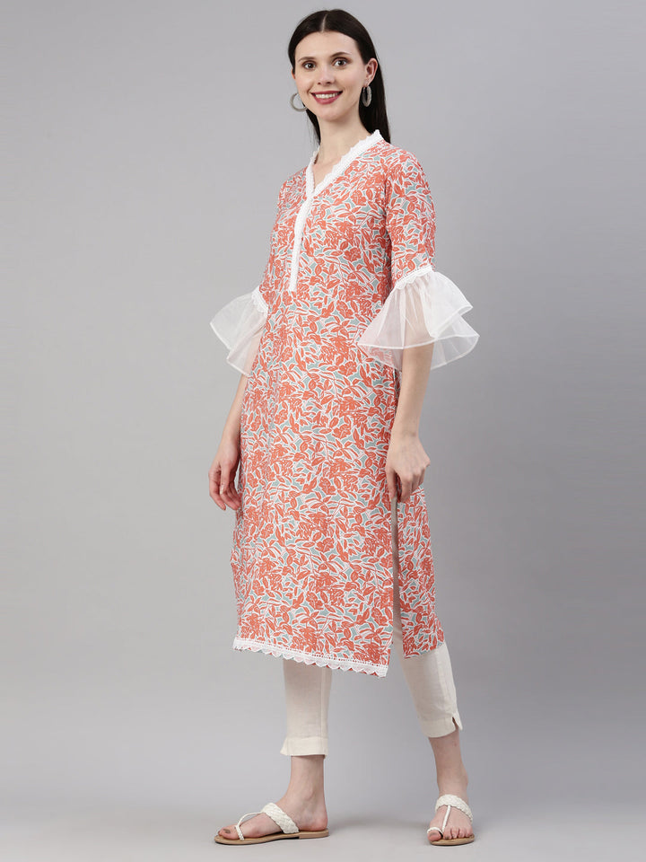 Neerus Orange rayon straight kurti - side view