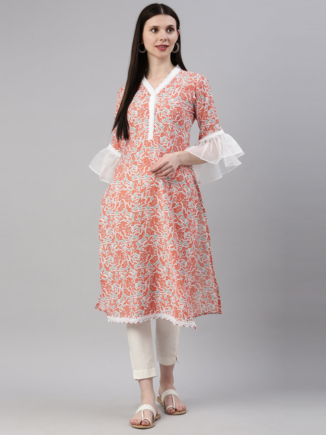 Neerus Orange rayon straight kurti - detail view 3