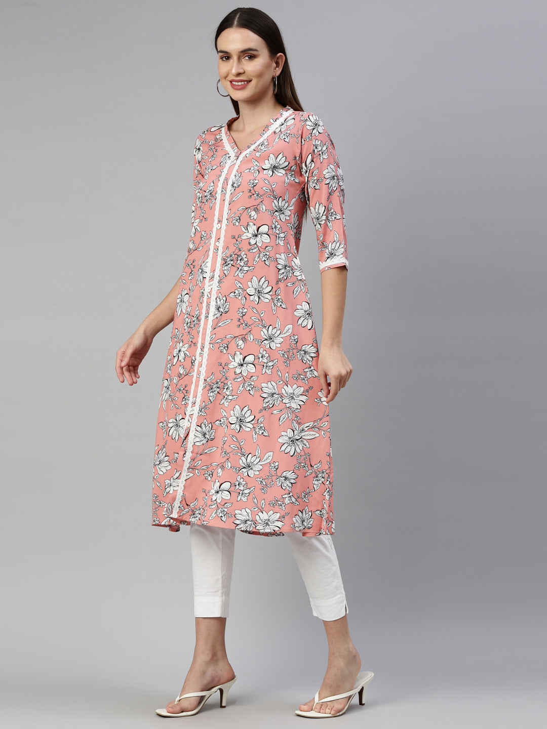 Neerus Pink viscose rayon printed A-line kurti - side view