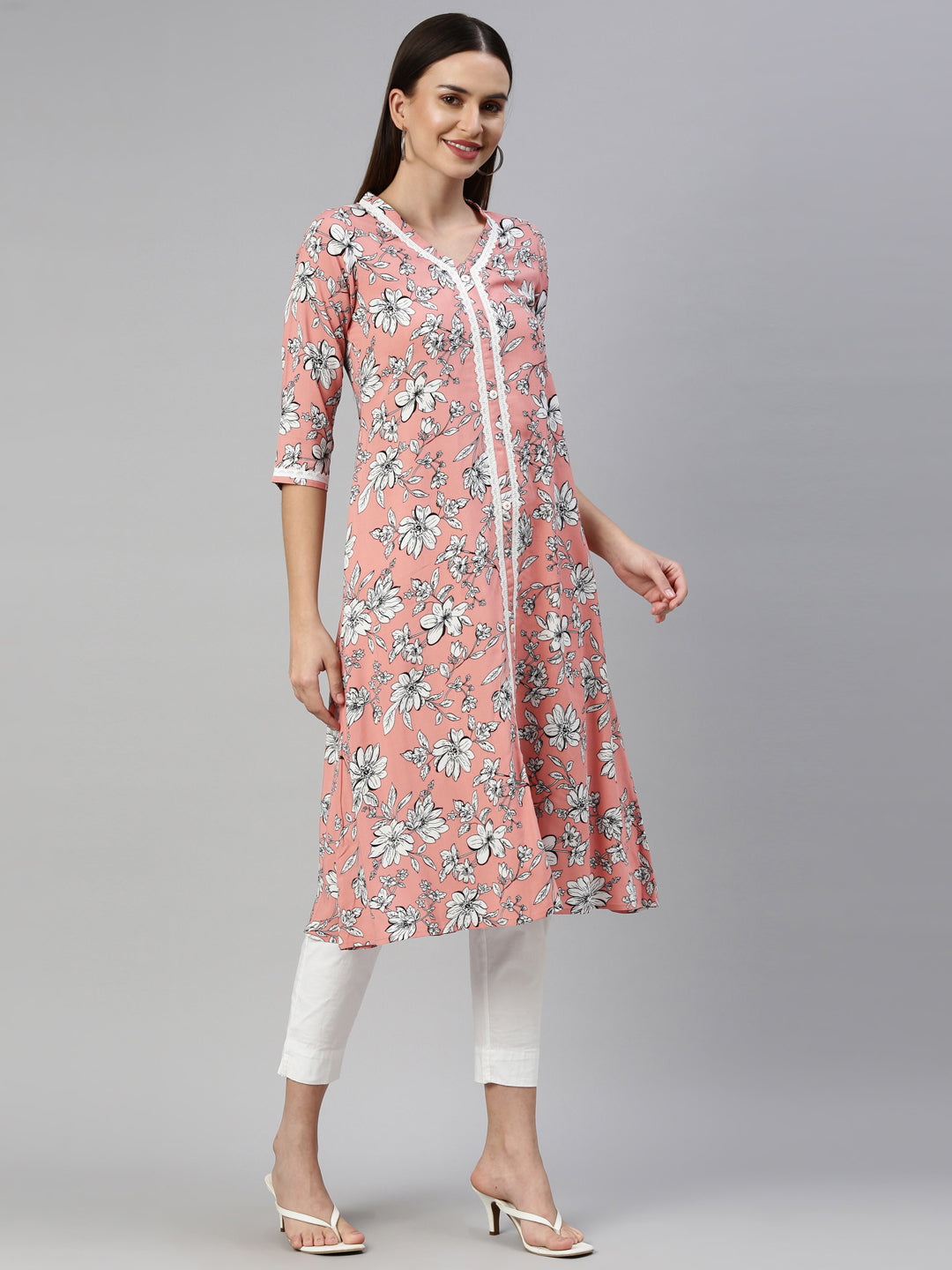 Neerus Pink viscose rayon printed A-line kurti - detail view 1