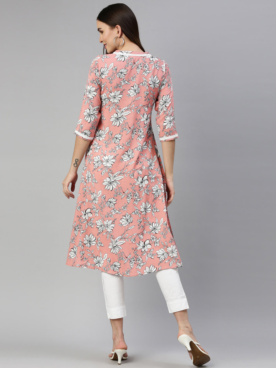 Neerus Pink viscose rayon printed A-line kurti - detail view 2