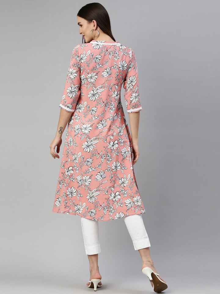Neerus Pink viscose rayon printed A-line kurti - detail view 2