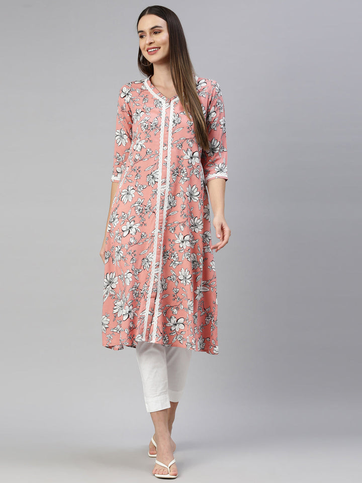 Neerus Pink viscose rayon printed A-line kurti - detail view 3