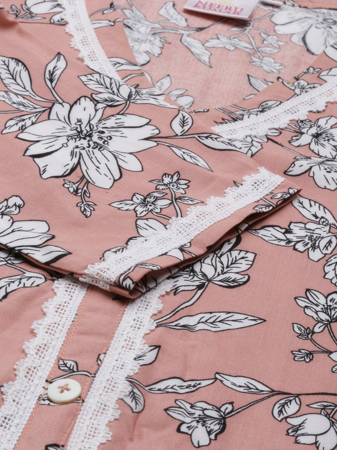 Neerus Pink viscose rayon printed A-line kurti - detail view 4
