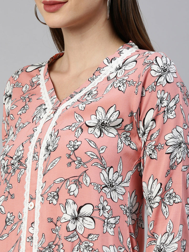 Neerus Pink viscose rayon printed A-line kurti - detail view 5
