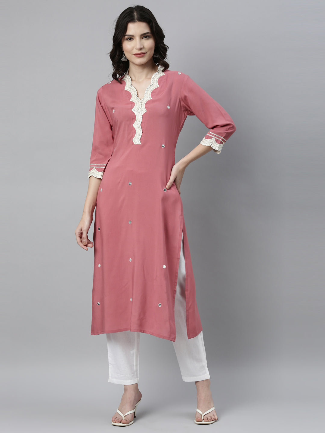 Neerus Pink Viscose Rayon Thread Embroidered Kurta - front view