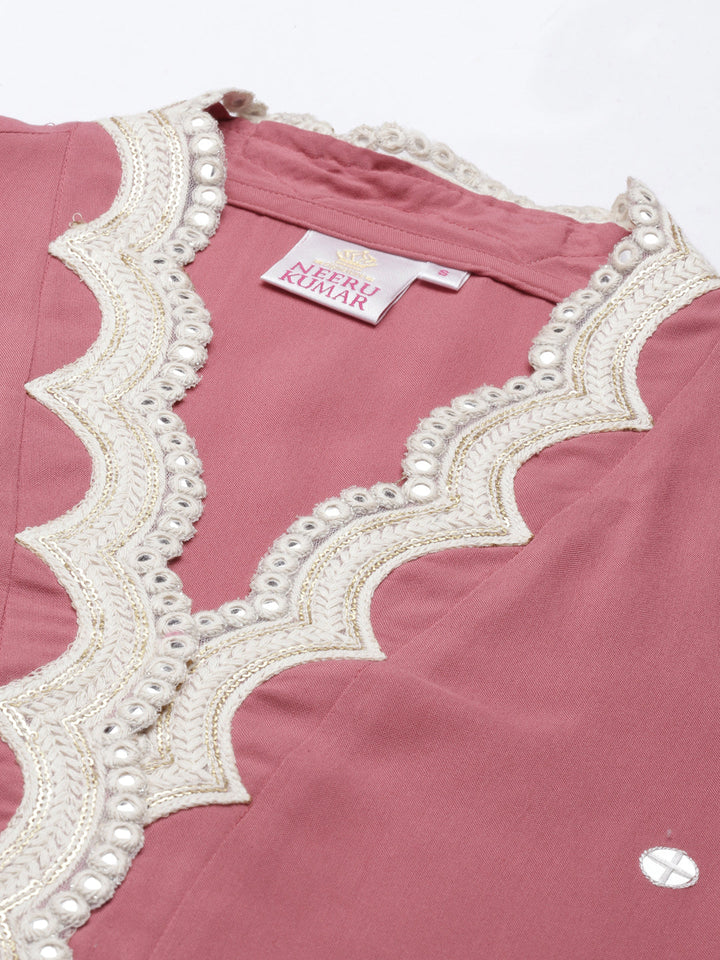 Neerus Pink Viscose Rayon Thread Embroidered Kurta - back view