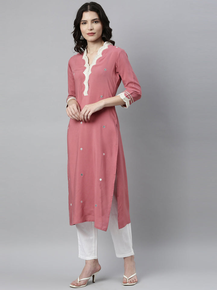 Neerus Pink Viscose Rayon Thread Embroidered Kurta - side view