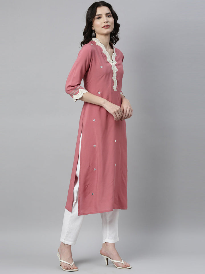 Neerus Pink Viscose Rayon Thread Embroidered Kurta - detail view 1
