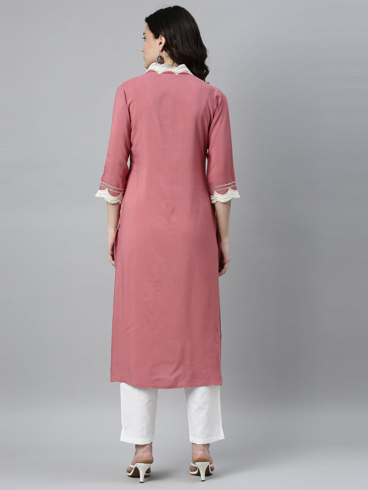 Neerus Pink Viscose Rayon Thread Embroidered Kurta - detail view 2