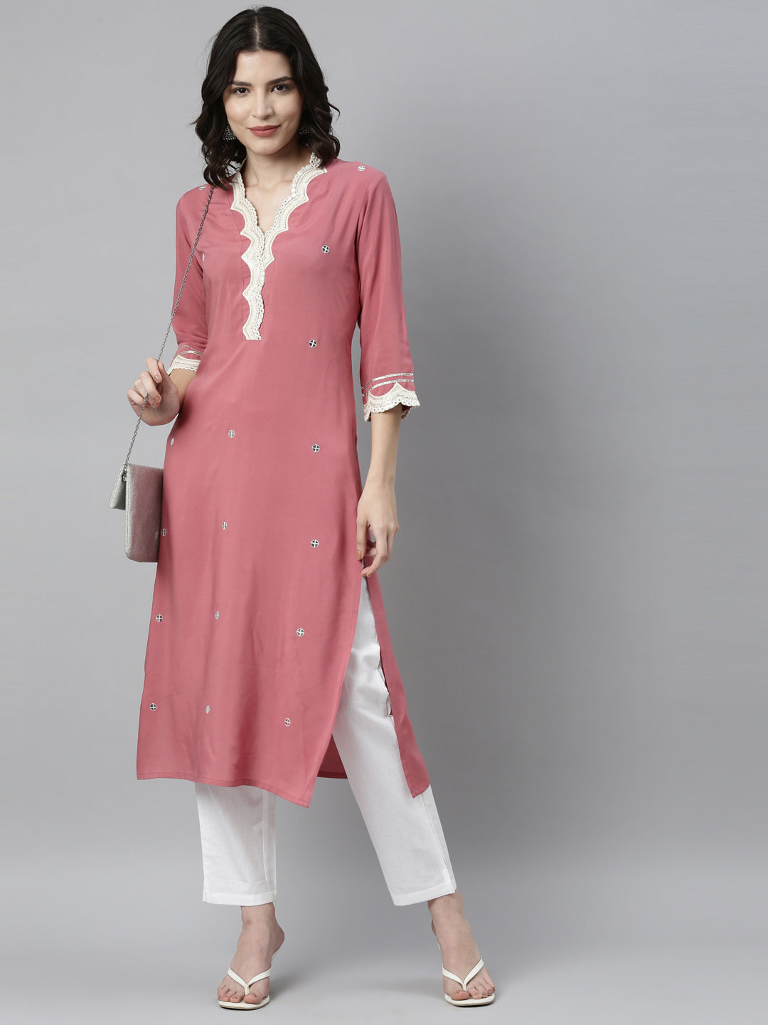 Neerus Pink Viscose Rayon Thread Embroidered Kurta - detail view 3