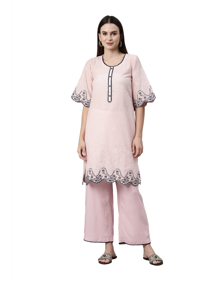 Neerus Pink jute cotton embroidered kurta set - front view