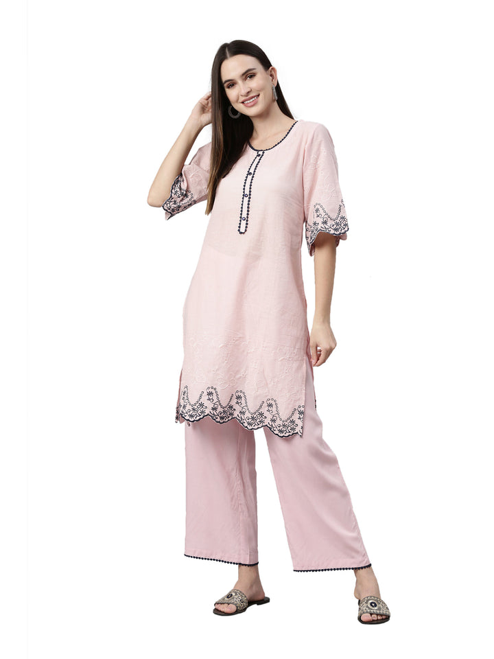 Neerus Pink jute cotton embroidered kurta set - side view