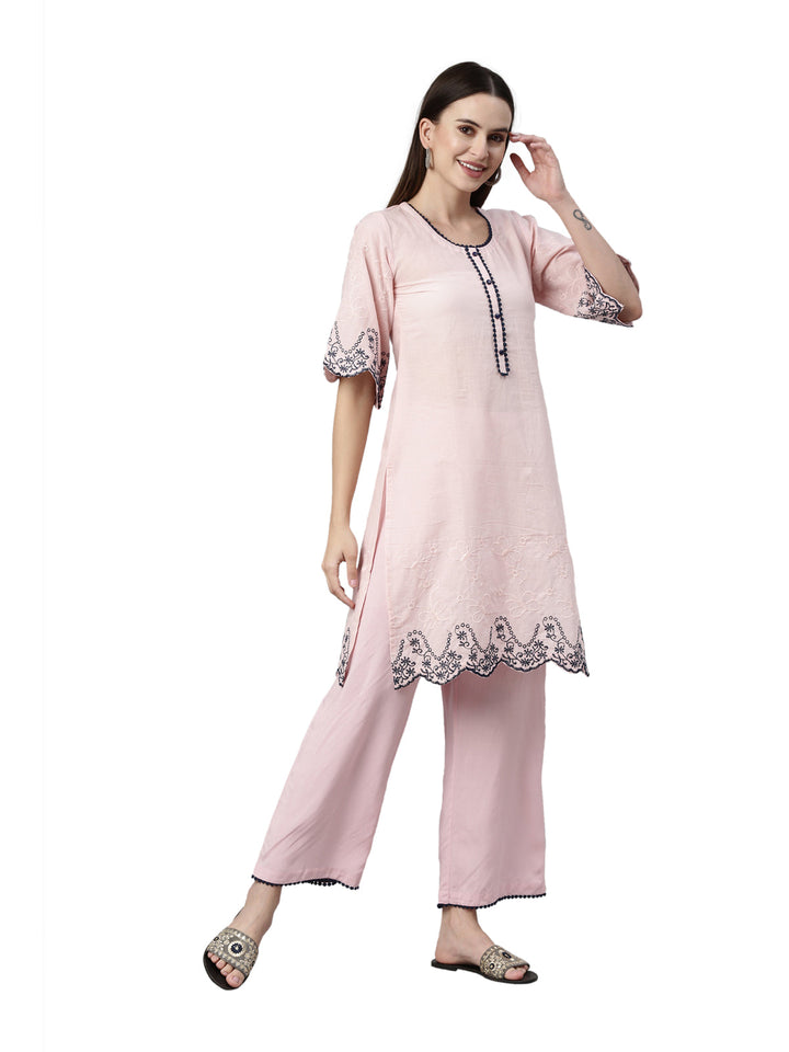 Neerus Pink jute cotton embroidered kurta set - detail view 1
