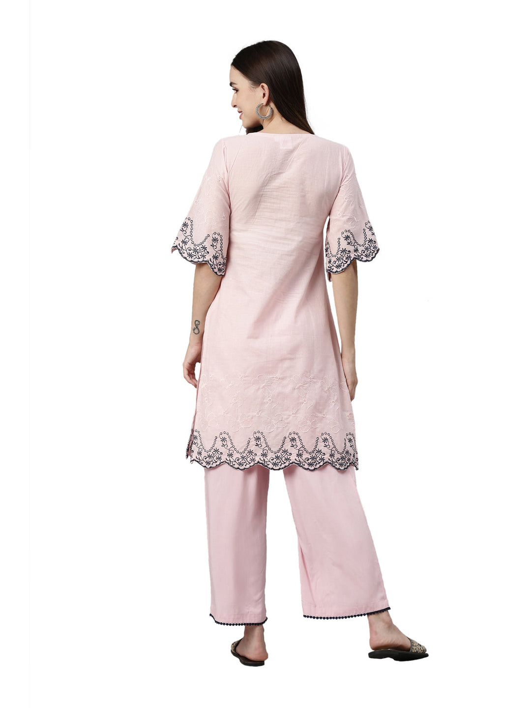 Neerus Pink jute cotton embroidered kurta set - detail view 2