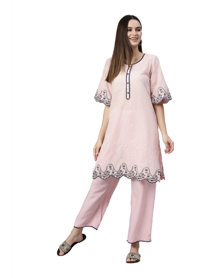 Neerus Pink jute cotton embroidered kurta set - detail view 3