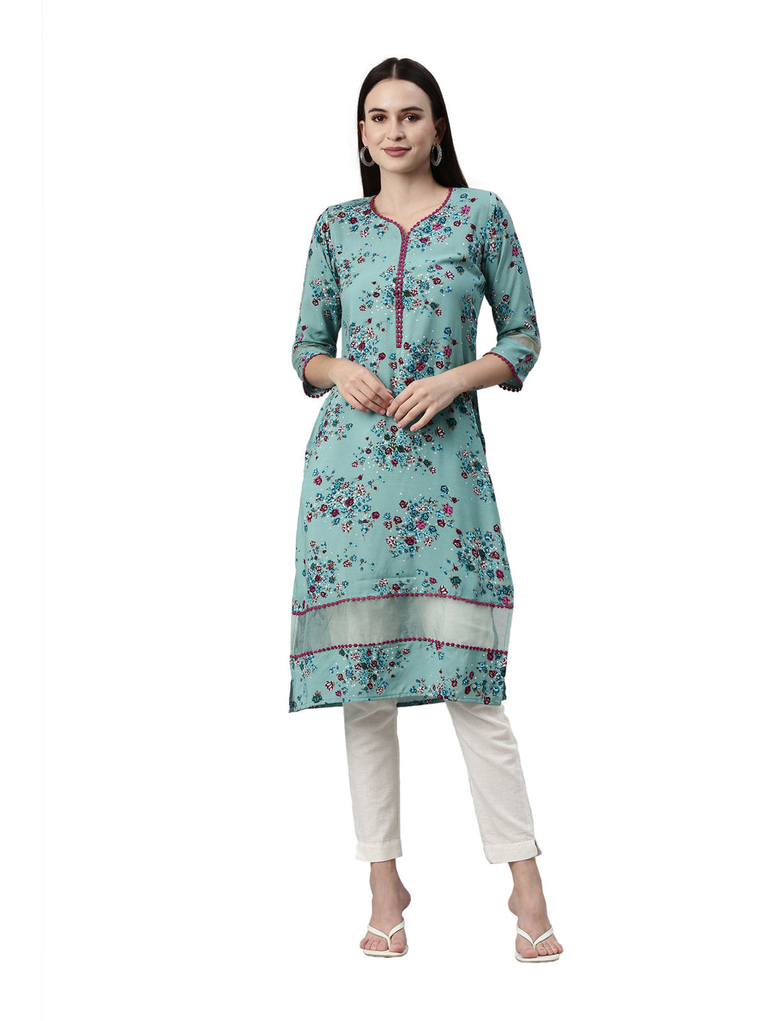 Neerus Green viscose rayon printed kurta - front view