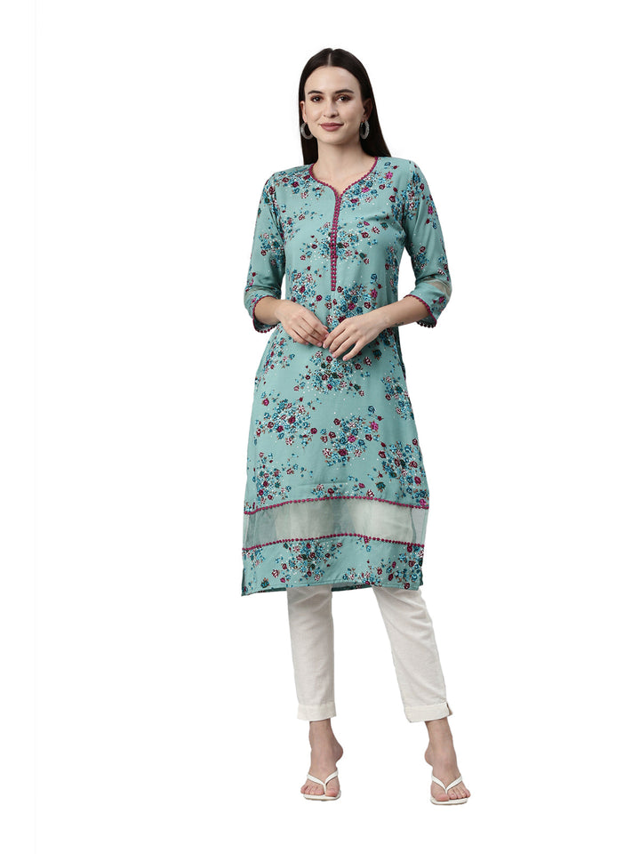 Neerus Green viscose rayon printed kurta - front view