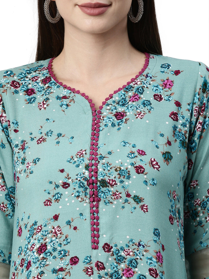 Neerus Green viscose rayon printed kurta - back view