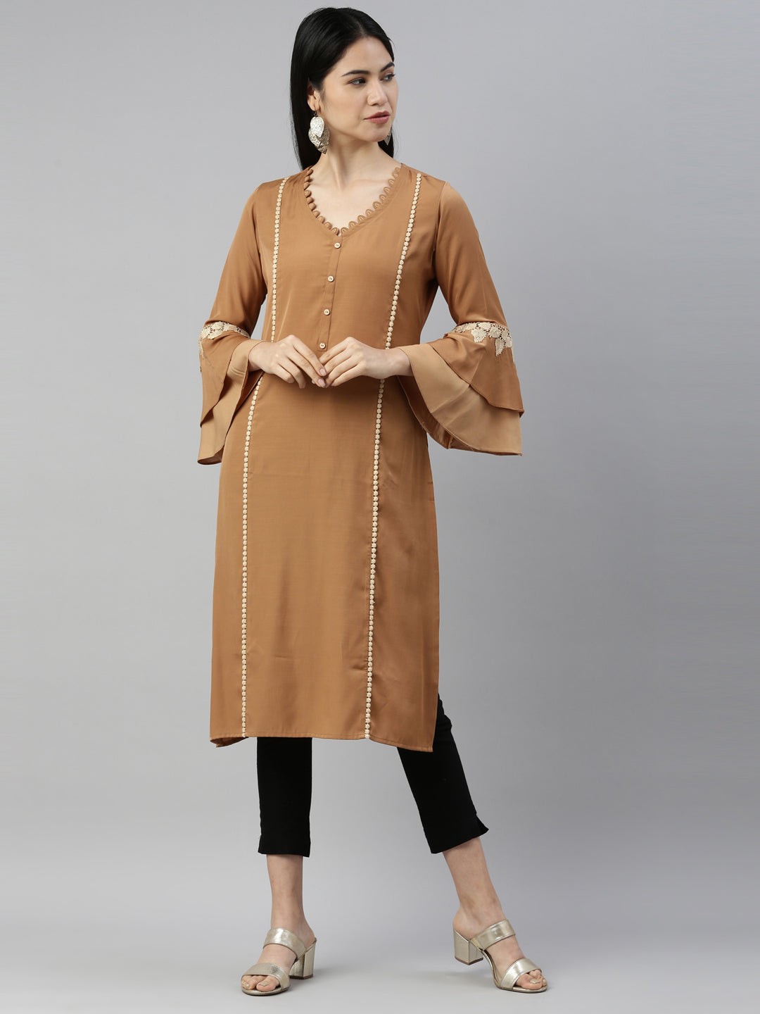 Neerus Beige Viscose Rayon Solid Straight Kurta - front view