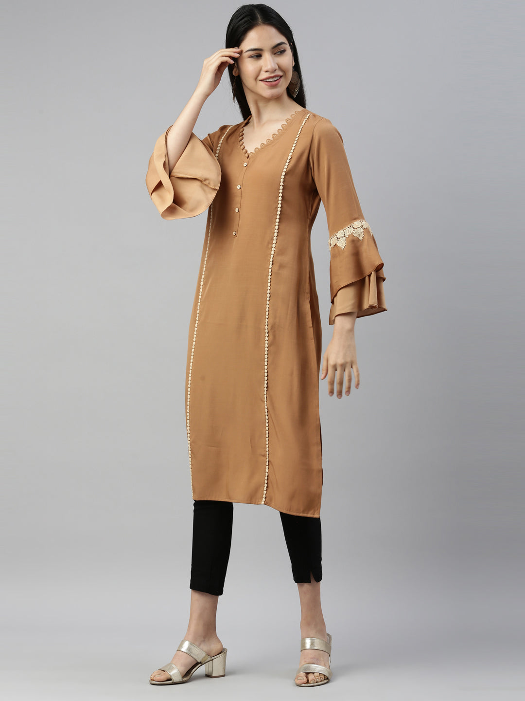 Neerus Beige Viscose Rayon Solid Straight Kurta - side view
