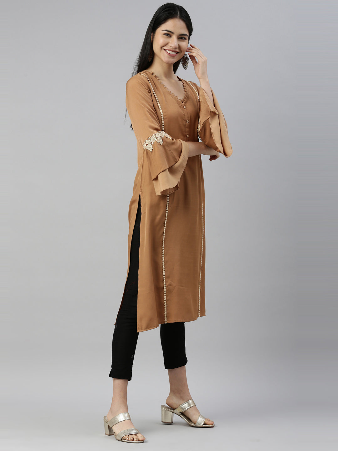 Neerus Beige Viscose Rayon Solid Straight Kurta - detail view 1