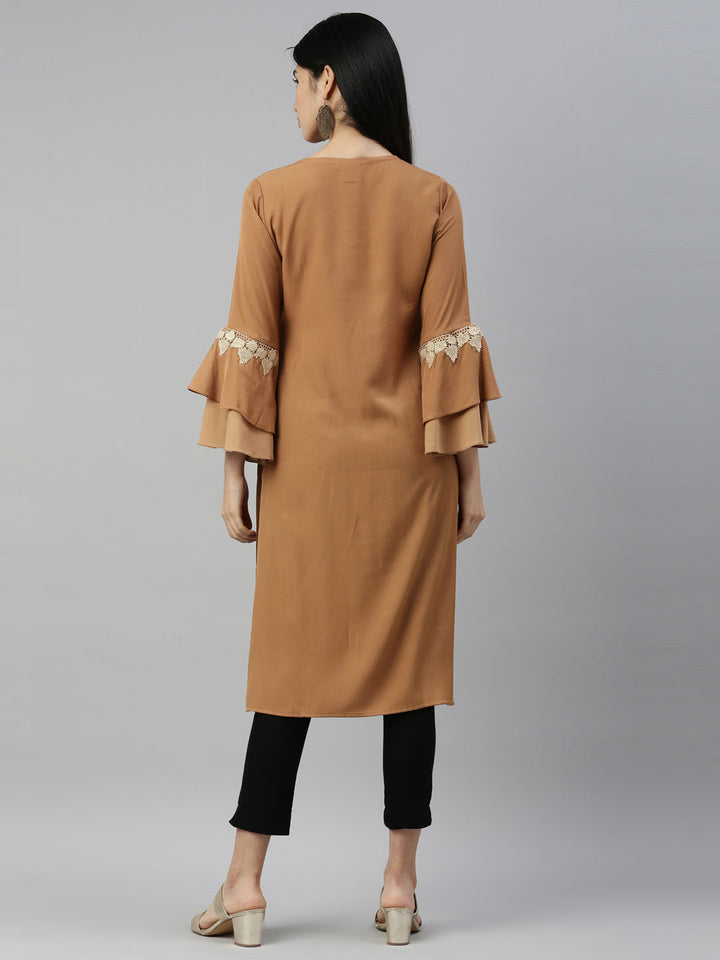 Neerus Beige Viscose Rayon Solid Straight Kurta - detail view 2