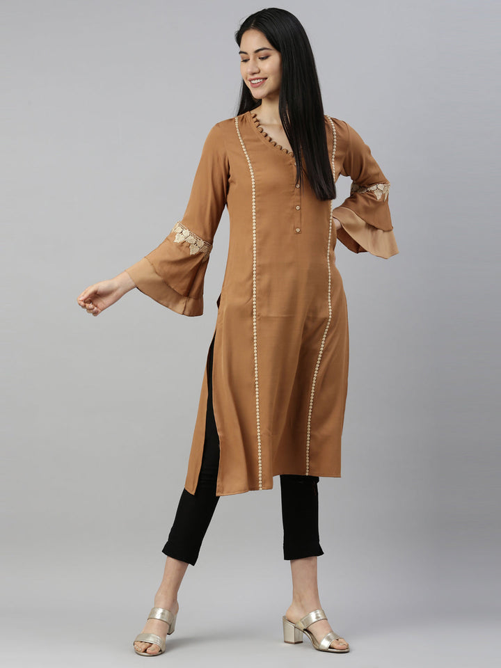 Neerus Beige Viscose Rayon Solid Straight Kurta - detail view 3