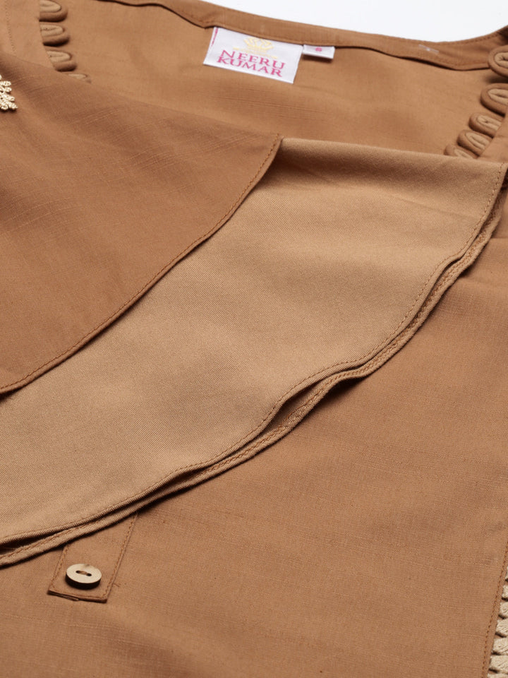 Neerus Beige Viscose Rayon Solid Straight Kurta - detail view 4