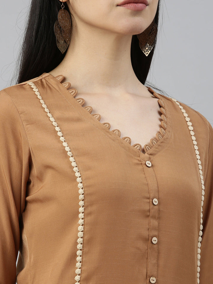 Neerus Beige Viscose Rayon Solid Straight Kurta - detail view 5