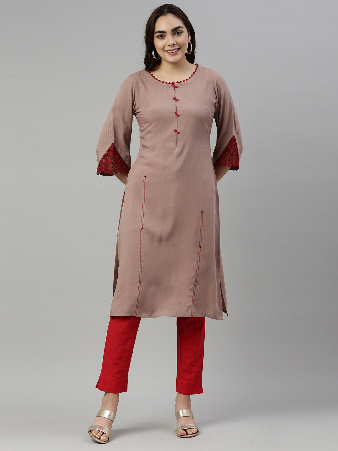 Neerus Beige rayon solid kurti - front view
