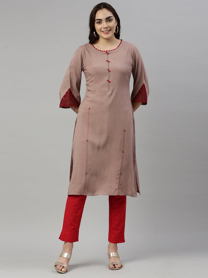 Neerus Beige rayon solid kurti - front view