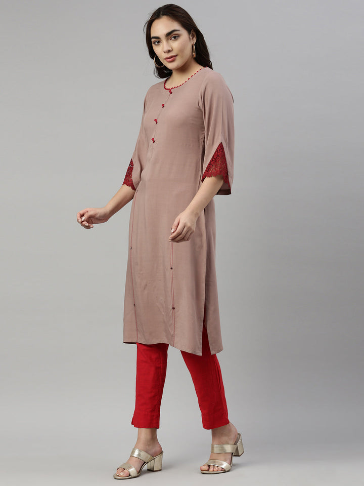 Neerus Beige rayon solid kurti - side view