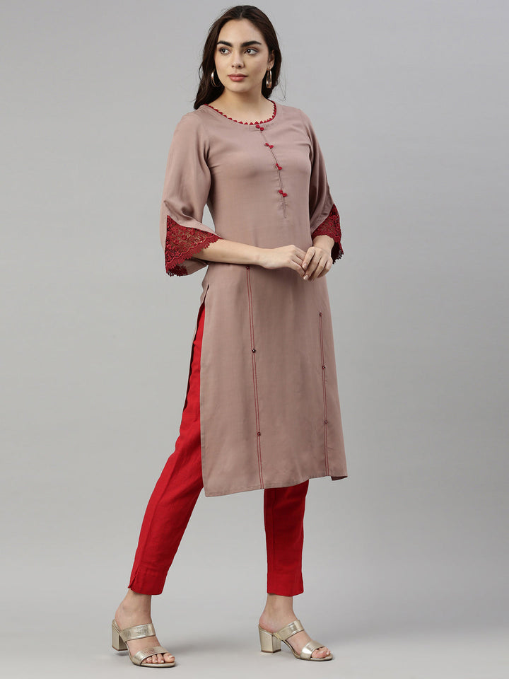 Neerus Beige rayon solid kurti - detail view 1