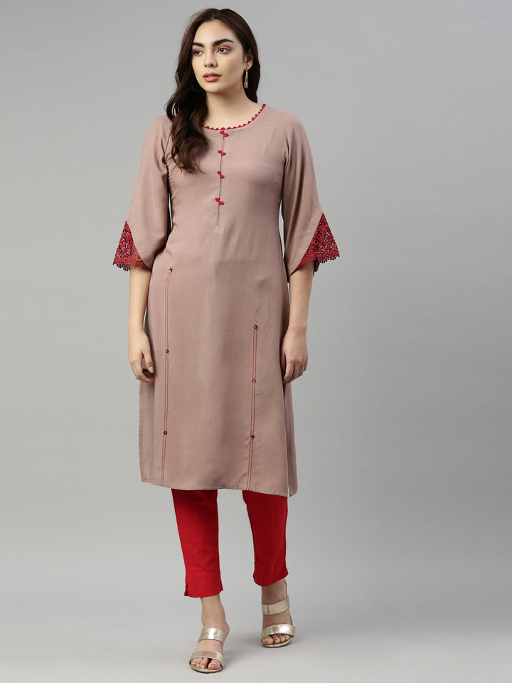 Neerus Beige rayon solid kurti - detail view 3
