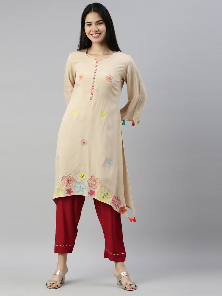 Neerus Beige viscose rayon printed A-line kurta - front view