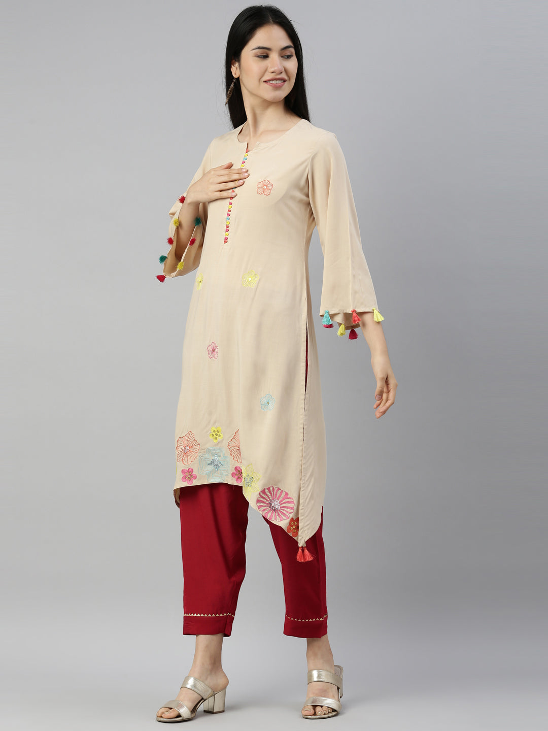 Neerus Beige viscose rayon printed A-line kurta - side view