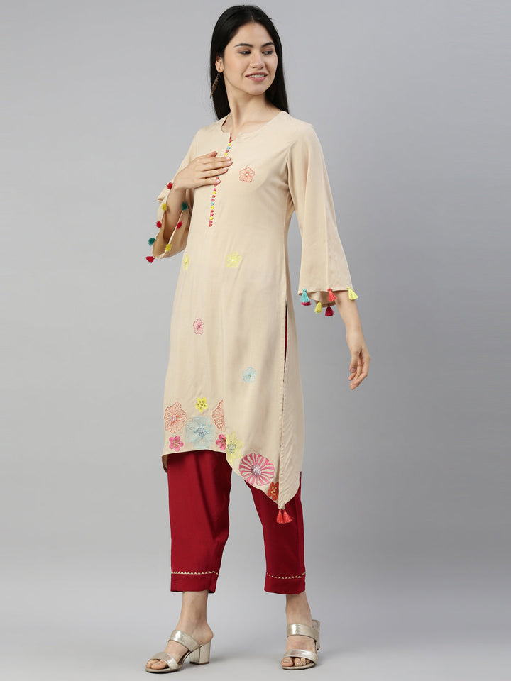 Neerus Beige viscose rayon printed A-line kurta - side view