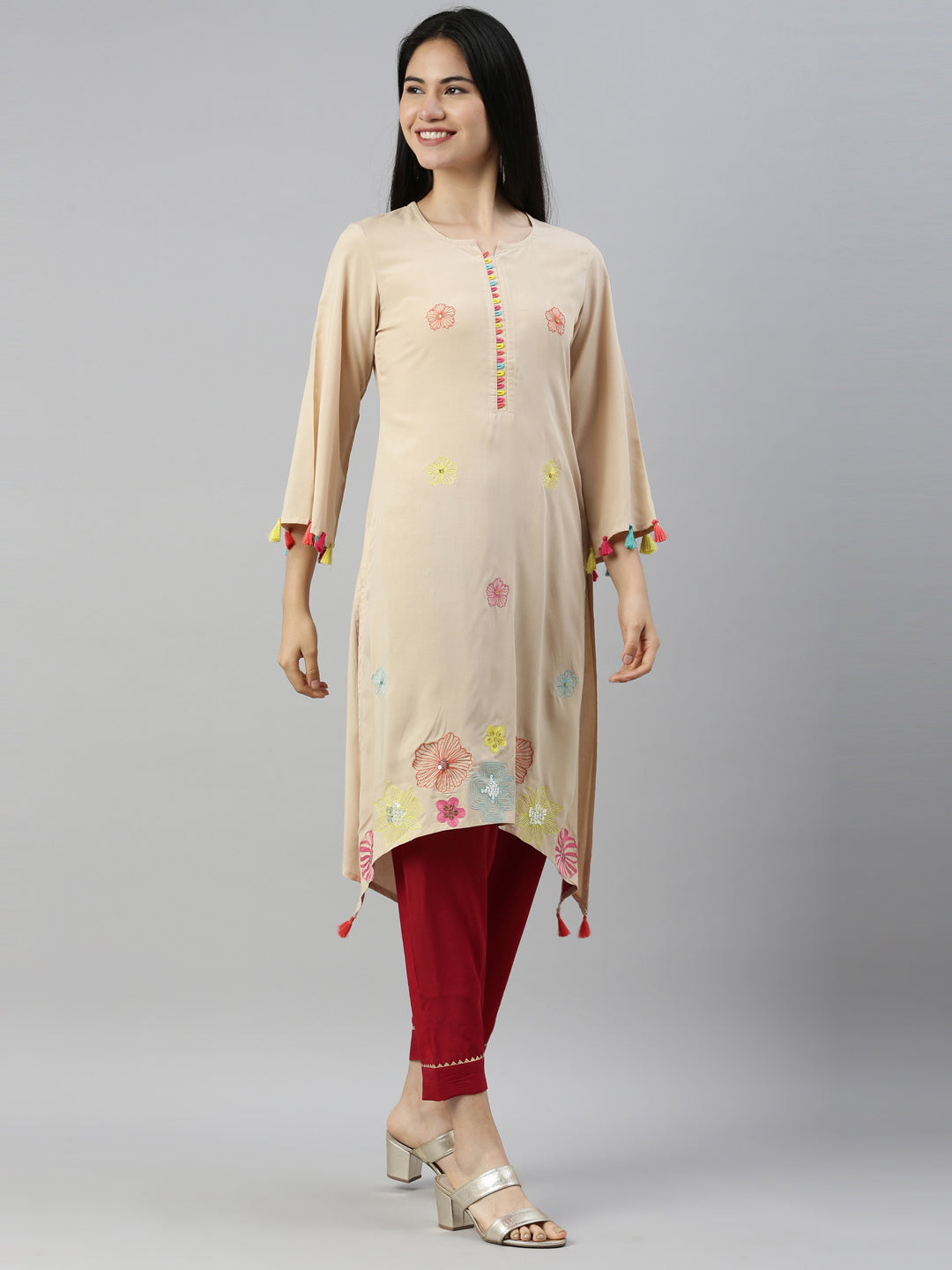 Neerus Beige viscose rayon printed A-line kurta - detail view 1