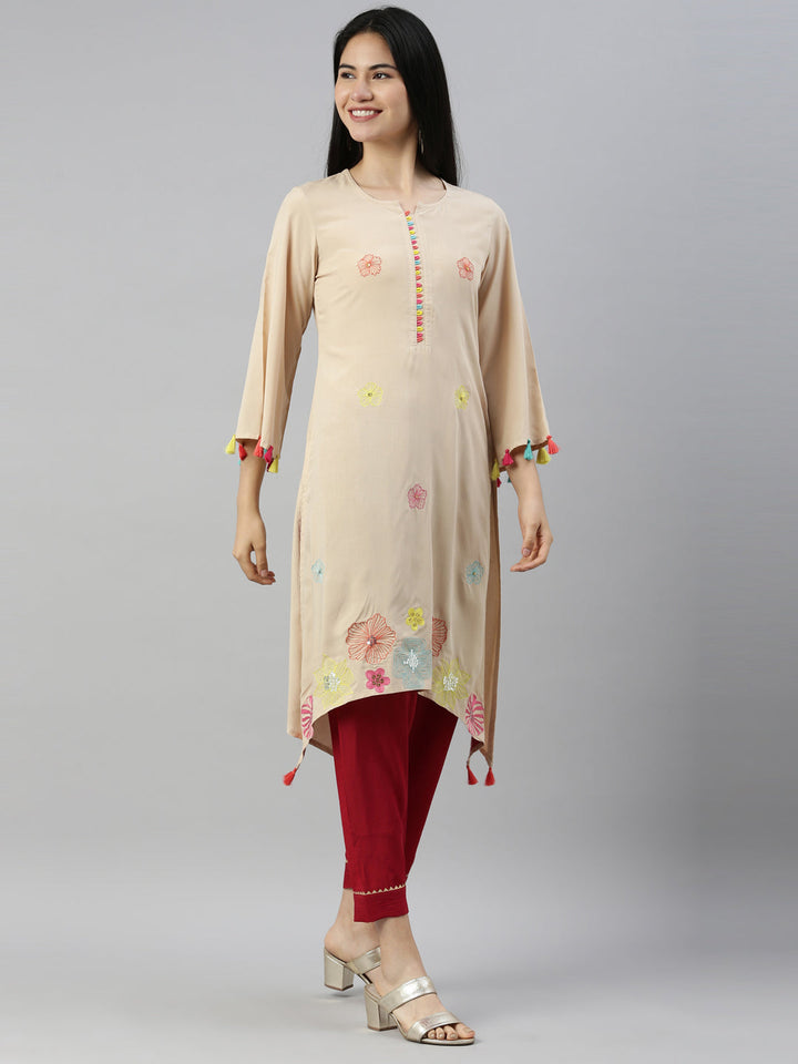 Neerus Beige viscose rayon printed A-line kurta - detail view 1