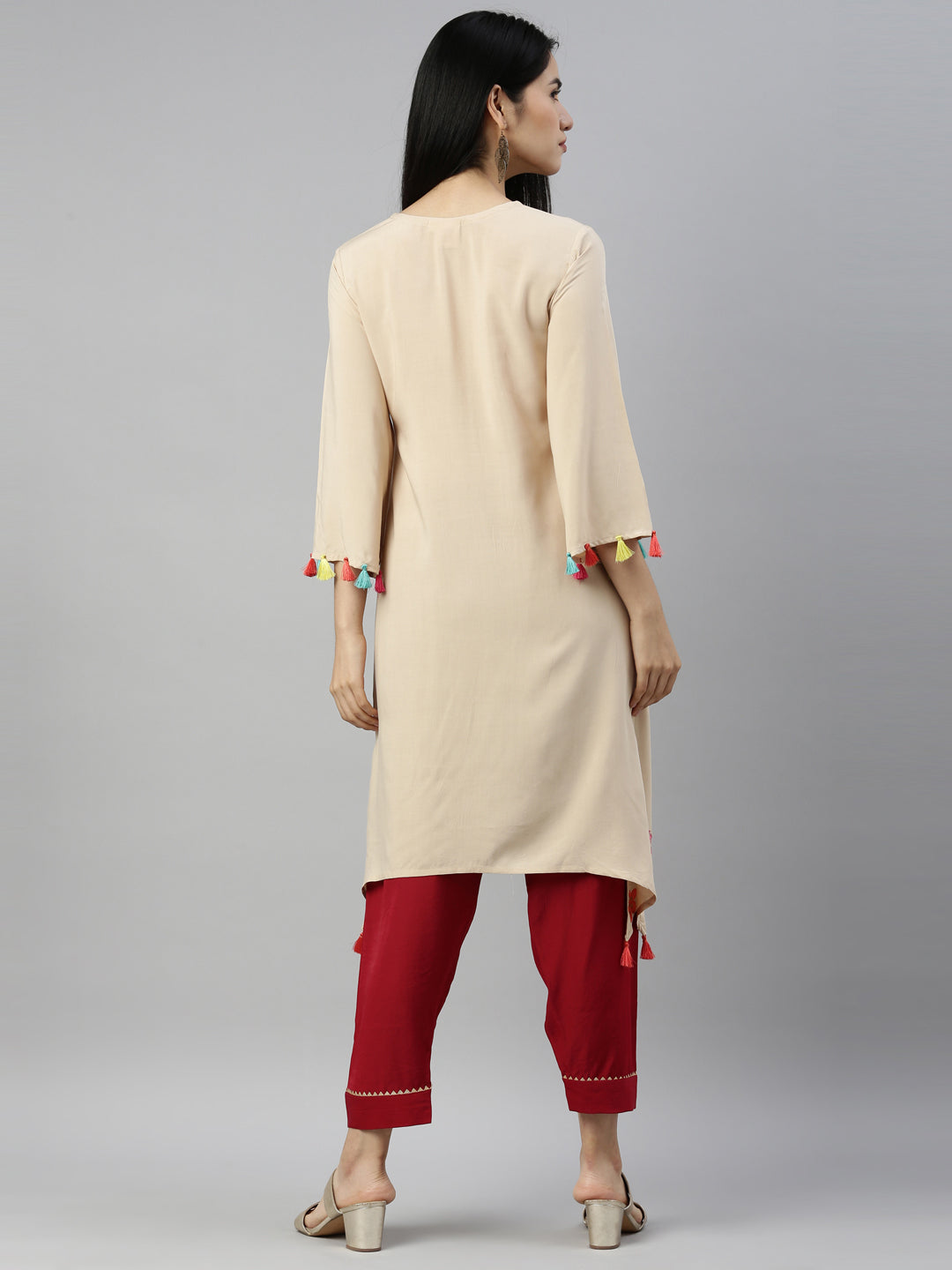 Neerus Beige viscose rayon printed A-line kurta - detail view 2