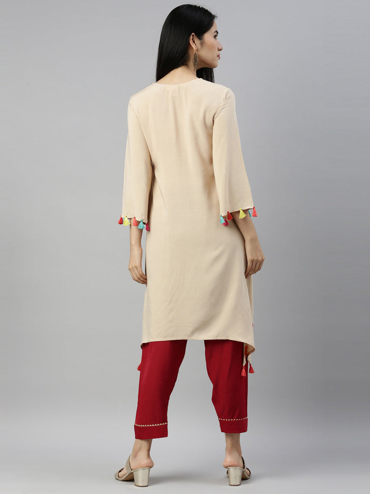 Neerus Beige viscose rayon printed A-line kurta - detail view 2