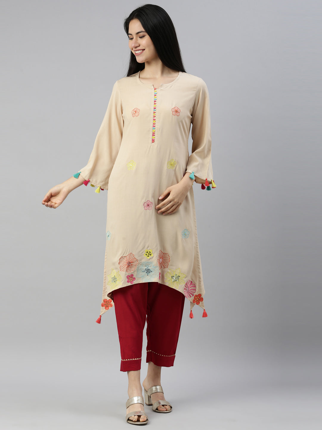 Neerus Beige viscose rayon printed A-line kurta - detail view 3