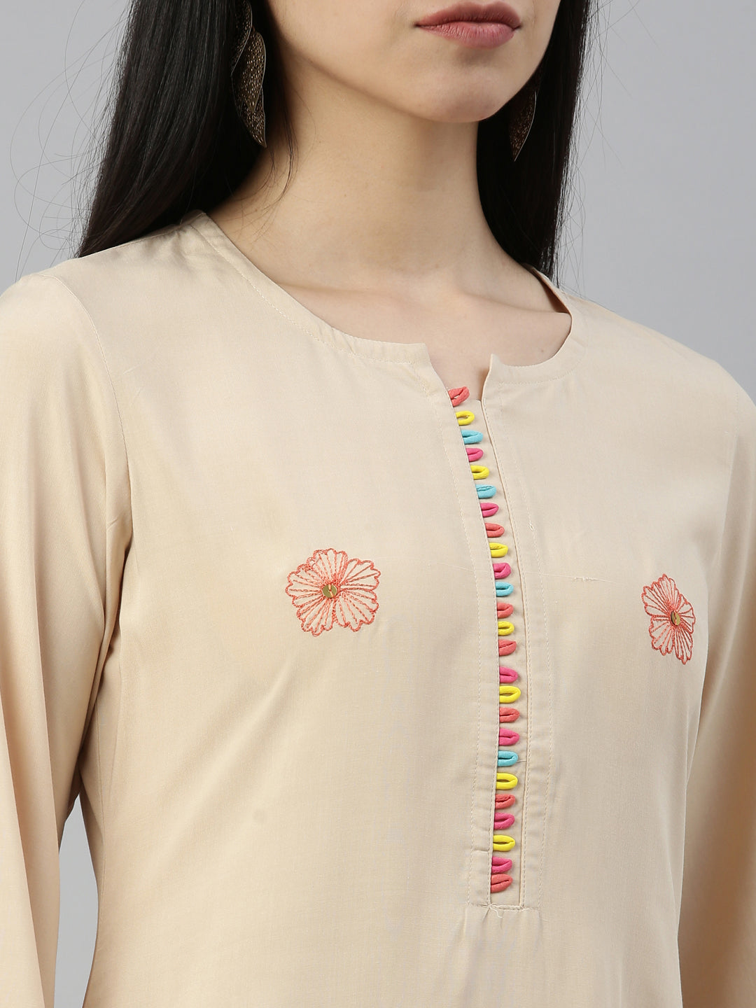 Neerus Beige viscose rayon printed A-line kurta - detail view 5
