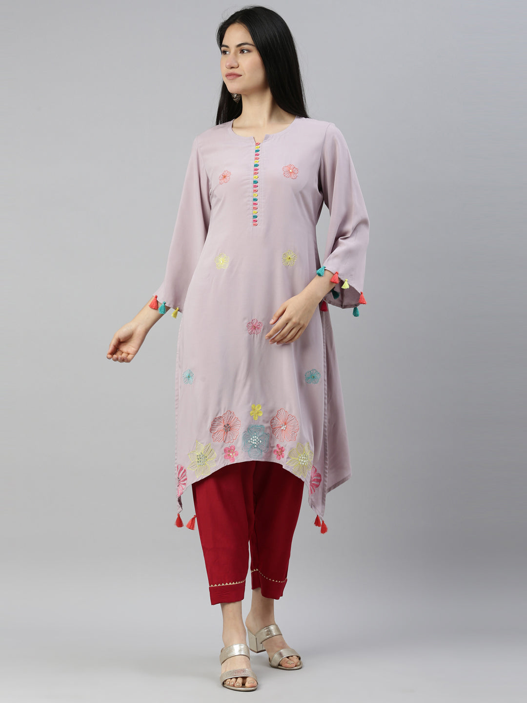 Neerus Grey Viscose Rayon Thread Embroidered A-Line Kurti - front view